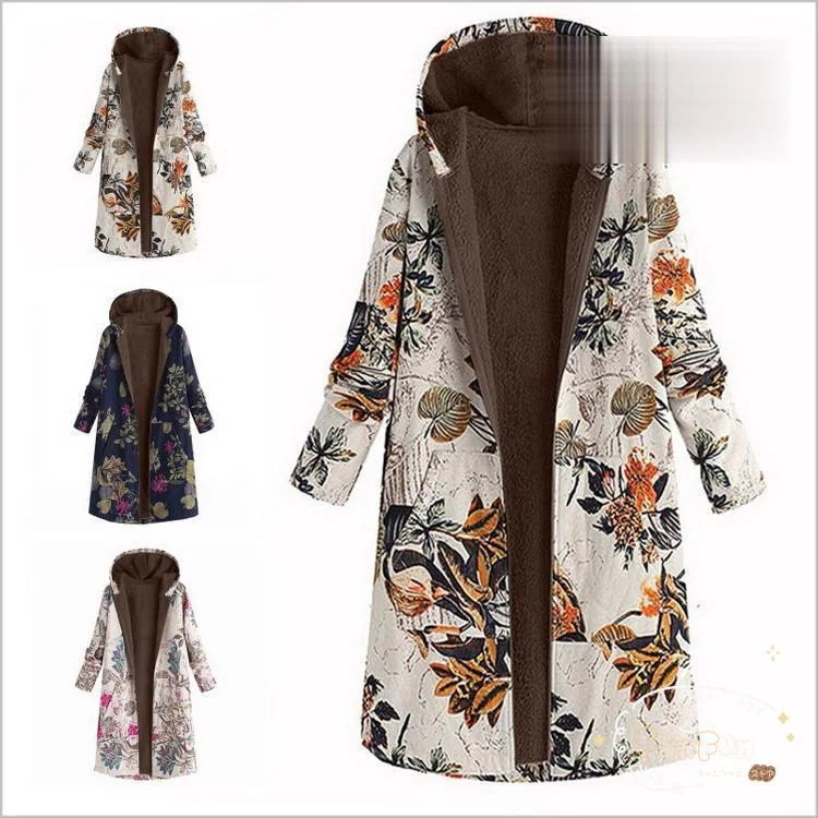 レディース コート ボアコート ロングコート 裏起毛 秋 花柄 暖かい ゆったり 防寒 アウター フード付き