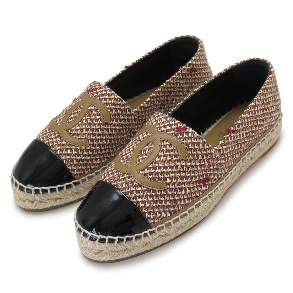 訳あり エスパドリーユ レディース フラットシューズ スリッポン 靴 ココマーク CCマーク ブラウンマルチカラー&ブラック G29762 B13189 NP178