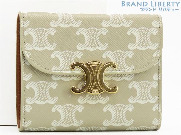 美品セリーヌトリオンフスモールフラップウォレット三つ折り財布コンパクト財布グレージュ10D782FID.02GR