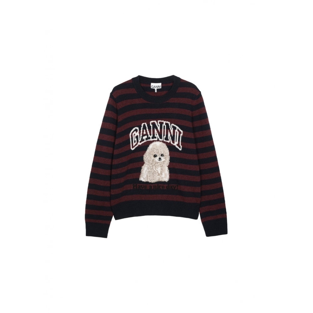 ガニ 女性 グラフィック ウール ミックス プードル ストライプ クルーネック ニット マルチカラー K2567-999
