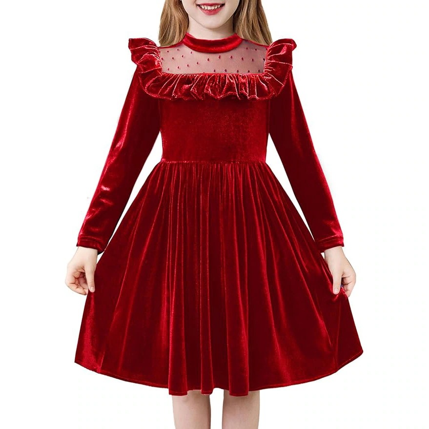 2025 フリル付き長袖ドレス プリンセス クリスマスコスチューム パーティー パフォーマンスコスチューム 子供ドレス 女の子 メッシュ
