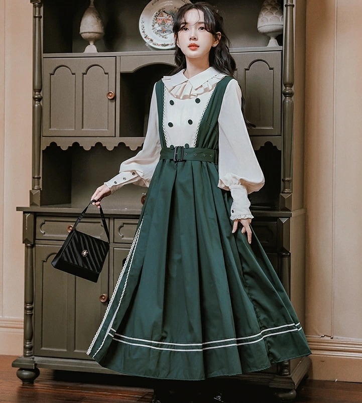 迅速な出荷 シャツワンピース ロング レトロ ワンピース 長袖 重ね着 レイヤード着風 可愛い フリルネック ジャンパースカートベルト付き 春ワンピース ロング ミモレ丈 大きい裾 スリット ワンピー