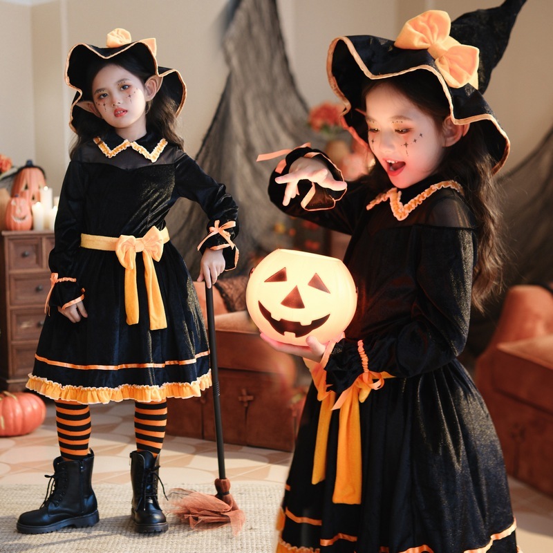 2025ハロウィン子供用コスチュームカボチャコスチューム面白いベビー子供服魔女コスチューム魔女ステージパフォーマンスドレス