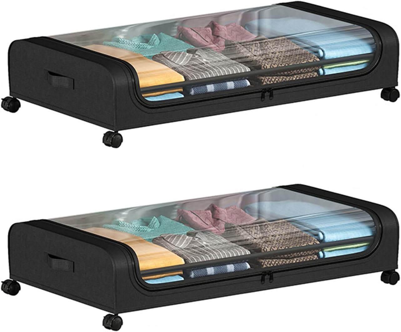 ベッド下収納ボックス キャスター・ダストカバー・ジッパー付き 大容量 布団 毛布 衣類 書籍 雑貨 おもちゃ 介護用品収納用 A型 2個セット ブラック