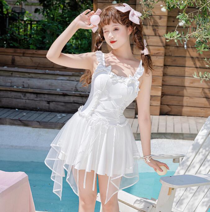 【TikTok人気新品】レディース水着 ワンピース ロリータ 水着 可愛い　キャミソールドレス プリンセス 水着 可愛い ホワイトワンピース ホワイト水着 イレギュラー裾 チュール ナイロン
