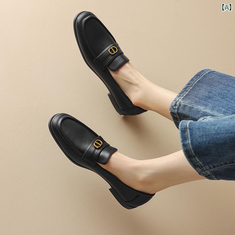 ローファー レディース オフィス 英国 ラウンドトゥ チェック柄 スリッポン ディープ フラット 柔らかい ソール 快適 用途 広い 通勤用 ブラック レザーシューズ