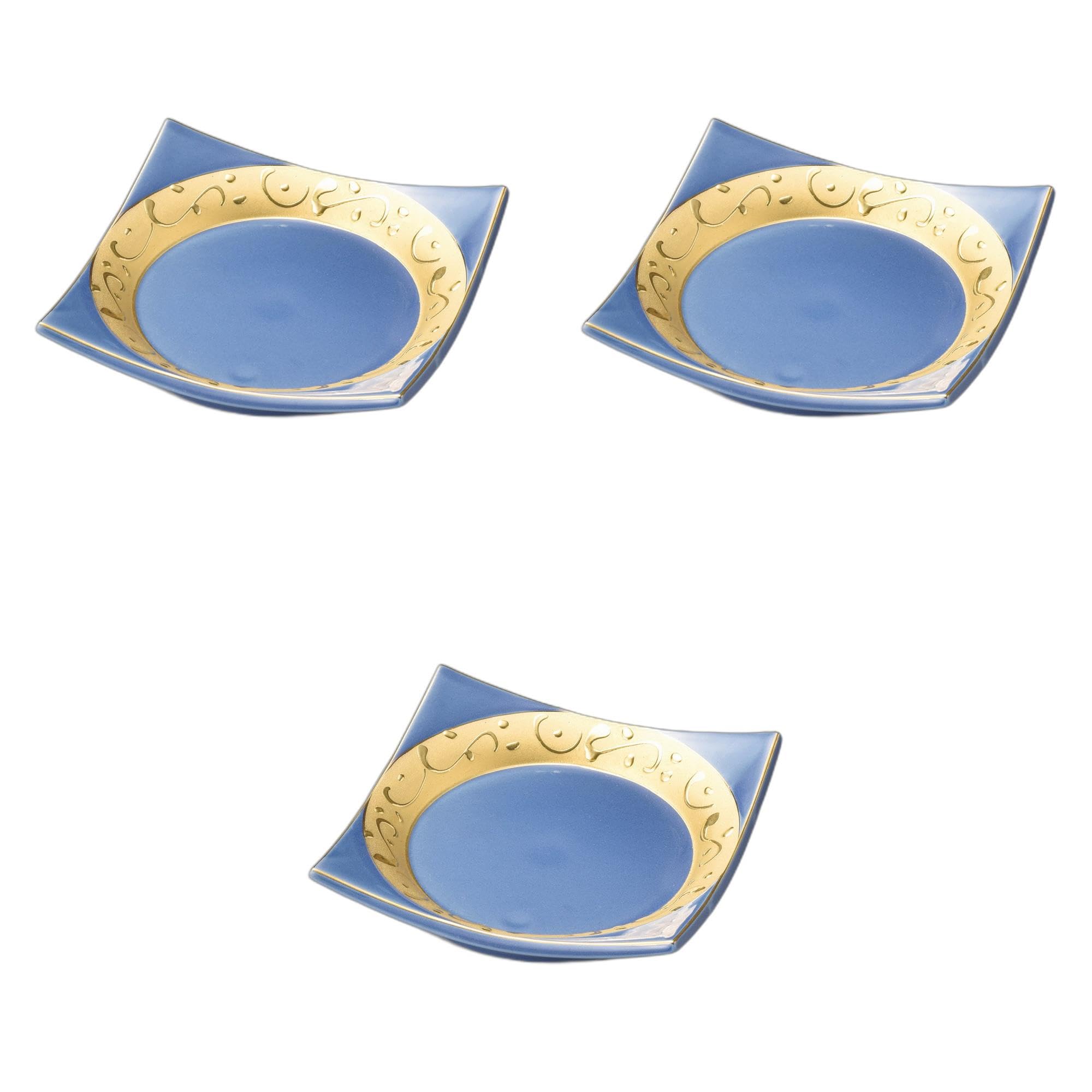 セトモノホンポ(Setomonohonpo) 3個セット 渕金ブルー金唐草正角皿 [ 11.5×11.5×2.5cm ] 角皿陶磁器
