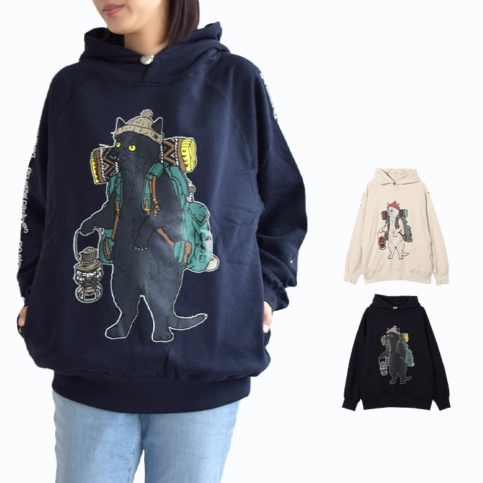 ゴースローキャラバン goslowcaravan トップス パーカー プルオーバー 空紡糸裏毛 野営猫 プルパーカー メンズ レディース 長袖 アイボリー ネイビー 332608