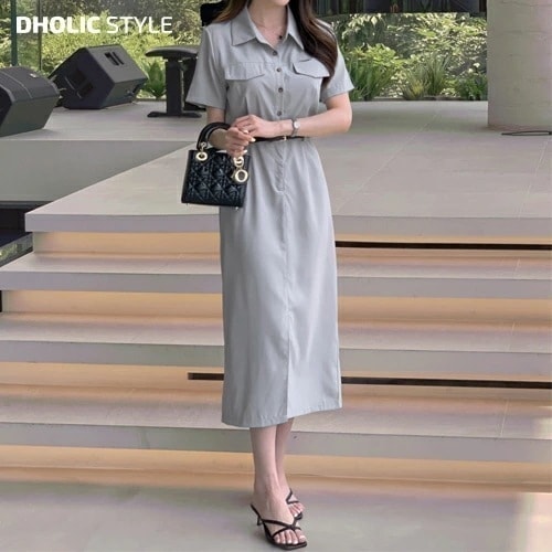 [メガ割りSALE]ベルト付ボタン半袖シャツワンピース・p546836