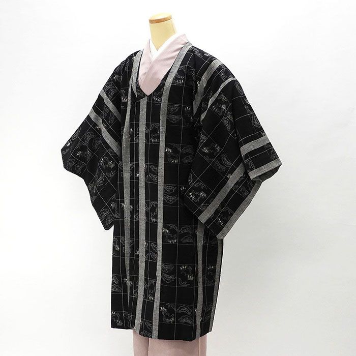 コート 未着用美品 正絹 格子松笹模様 紬 ロングコート 千代田衿 和装コート 未使用 新古品 羽織物 j0117