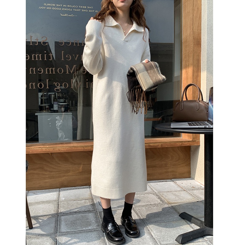 ワンピース ロングスカート ニットスカート ロング ロング丈 袖あり 長袖 スリットネック 襟付き 細身 ストレート スマート 個性的 ホワイト グレー S M L XL 2XL ゆったり