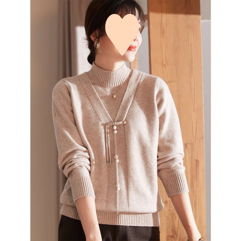 ママの秋服 ニットボトム2枚 ハーフタートル襟 春秋中高年女性向けウール暖かい服