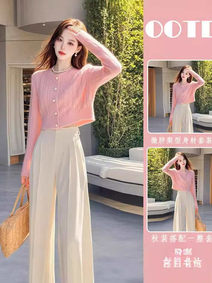 ピンクのセーター+広脚のズボンの一セットの高級感のファッション西洋の気のおしゃれな気質の小香風ピンクのセーターのズボンのスーツ女