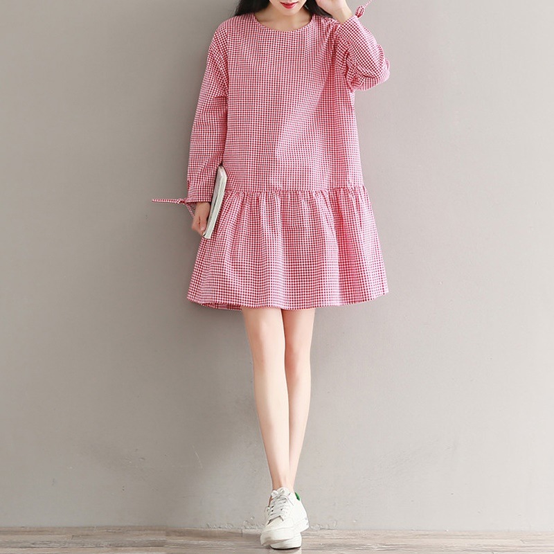 1055.ゆったり着こなし チェック柄長袖ワンピース（レッド）