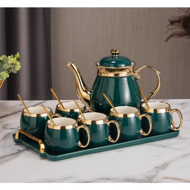 お買い得！ティーポット ティーカップ ティーセット カップ ソーサー 食器 コーヒー お茶用品 おしゃれ ゴールド グリーンゴージャス 清潔感 シャープデザイン
