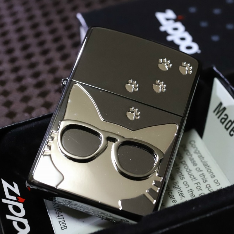 【正規品】猫ZIPPO グラサンキャット 鏡面ブラック＆シルバー 黒 銀 ジッポ ライター ブランド 人気のジッポ プレゼント 可愛いジッポ ネコジッポ 猫ジッポ zippo ネコ ジッポー