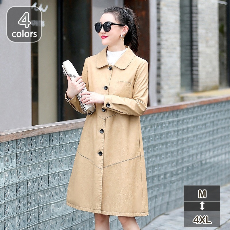 コート レディース トレンチコート アウター ブルゾン ジャンパー 羽織り レザー PU ボタン付き ジップアップ 体型カバー 裏地あり ミドル丈 無地 春秋 普段着 トップス 長袖 ポケット トップ