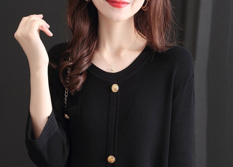 夏 エレガント 個性的なデザイン カジュアル ボタン 黒 ニット セーター 薄手 フロント ショート ロング トップ 女性 ブラック M L XL XXL トップス 袖あり かわいい 大人可愛い