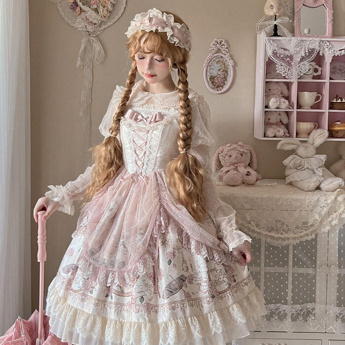 【急速出荷】Lolita ロリータ クラロリ 甘ロリ 薔薇 プリント ジャンパースカート ゴスロリ ワンピース ドレス クラシカル ゴシック 華やか かわいい 編み上げ レース リボン フリル ロココ