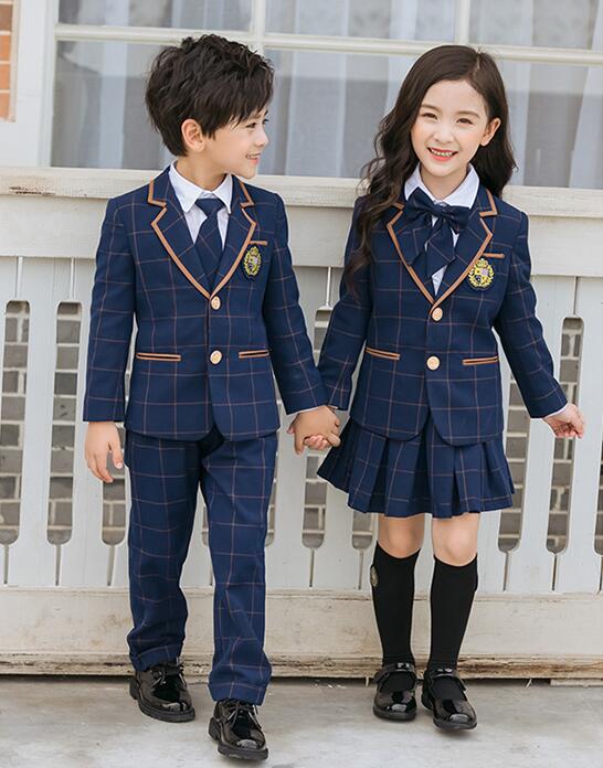子供フォーマルスーツセット　チェック柄　イギリス風　スーツ　中小生　幼稚園ジュニアジャケット　男の子 女の子スーツ 子供の日　キッズ学園制服　ジュニア5点セット 長袖ワイシャツ 学園祭　発表会舞台演出