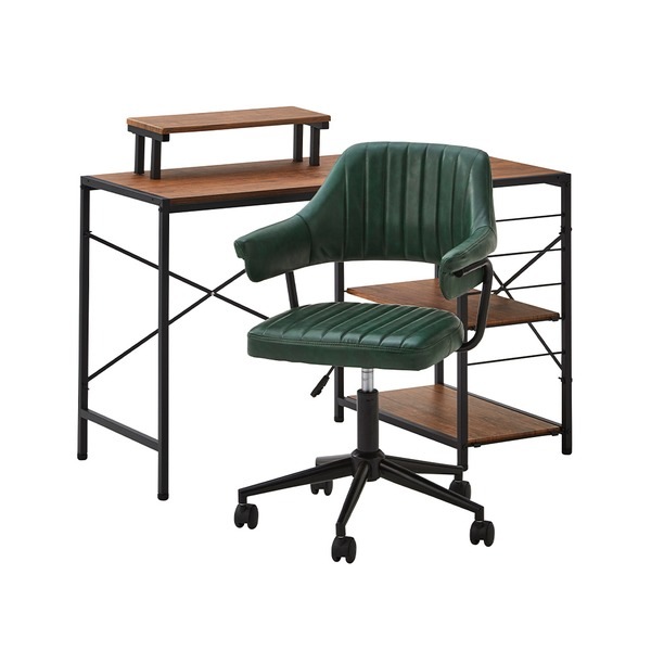 デスクチェア セット パソコンデスク約幅110cm ウォールナット オフィスチェア グリーン ガス圧昇降 キャスター付き 組立品