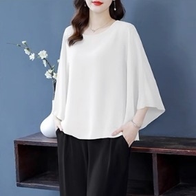 トップス シフォンシャツ サマートップ ルーズ マザー 無地 ラウンドネック 七分袖 ゆったり ゆる 通勤 プルオーバー ステッチ バットスリーブ 夏 レギュラー丈 ホワイト 白 蛍光グリーン ピンク