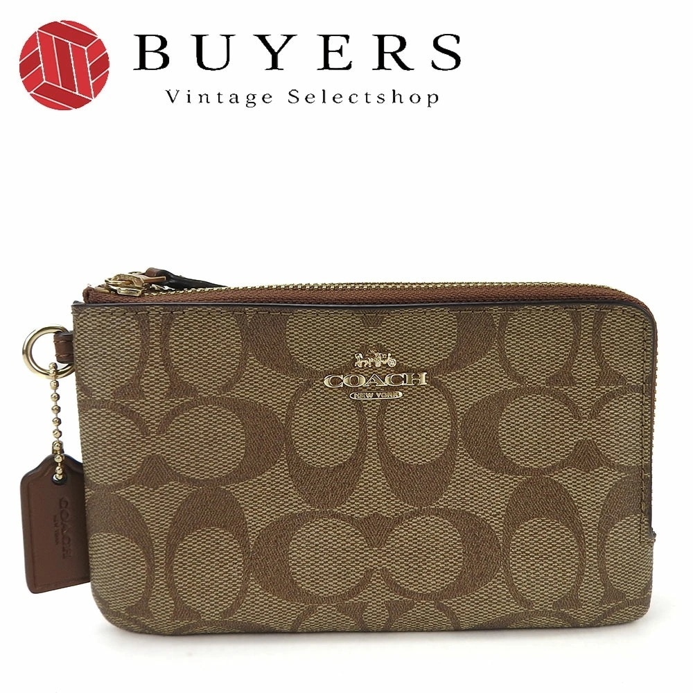 中古 コーチ ポーチ F87591 シグネチャー ベージュ ブラウン PVC ビニール レザー 革 アクセサリーポーチ 小物 ゴールド金具 レディース 女性 COACH pouch beige b