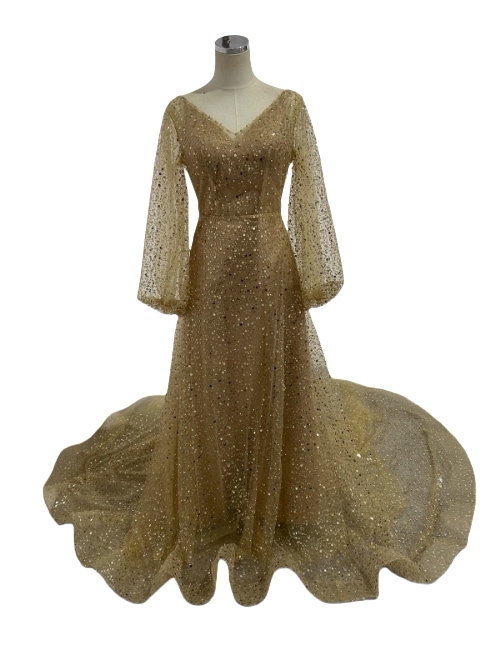 華やか カラードレス シャンパン色 Vネック キラキラスパンコール マーメイドライン 前撮り