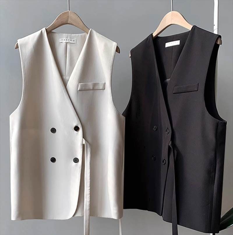 トップス ベスト ミドル丈 ノースリーブ Vネック ストレート 前開き サイドリボン 大人デザイン 大人可愛い シンプル カジュアル おしゃれ お洒落 ガーリー かっちり クール 大人女子 無地 春