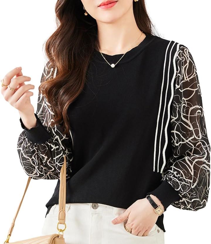 シフォン袖ニットトップス 異素材MIX モノトーンプリント 10分袖 パフスリーブ 服 ふんわり袖 きれいめ JS107-BK-Mリント(ブラック, M)