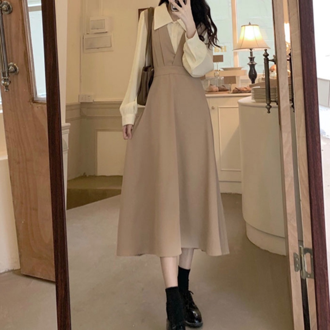 ワンピース デート かわいい 大人可愛い きれいめ シンプル カジュアル 大人 上品 おしゃれ長袖 シャツ フレア ロング丈 セット 無地 ベージュ ブラック ３XL ４XL 2XL 韓国 デート