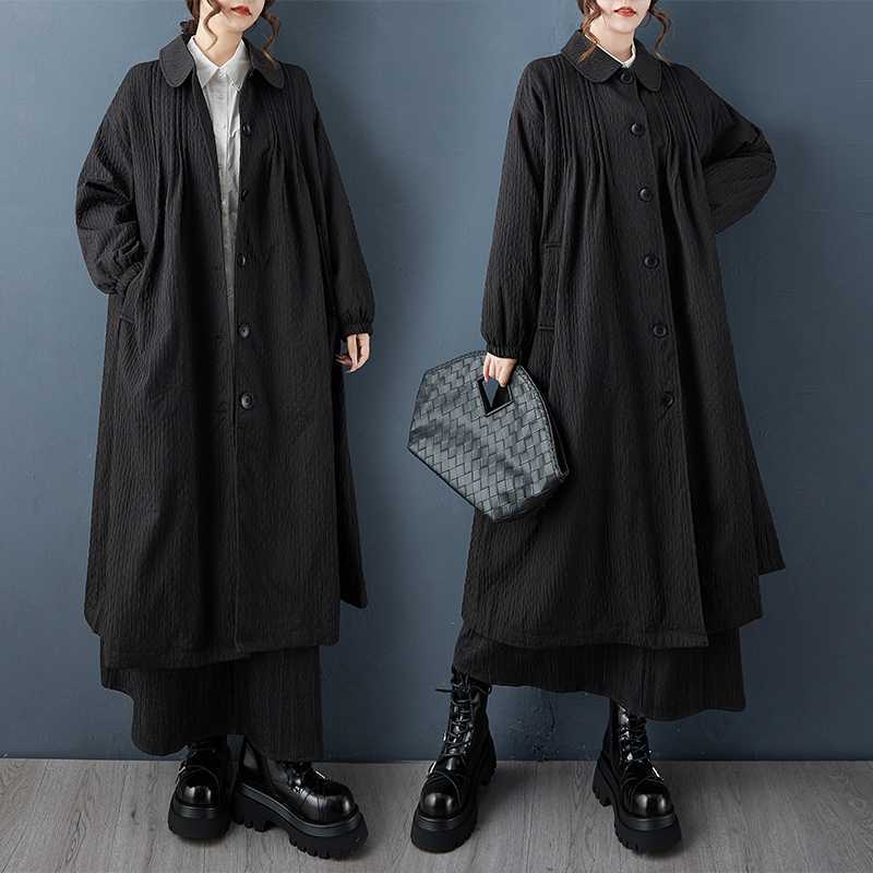 【Noir Archive】 秋 韓国風 無地 プリーツ アウター コート レディース トレンチコート デザイン性 ブラックコーデ 大きいサイズ レディース 体型カバー 防寒 ロングコート ワンピース