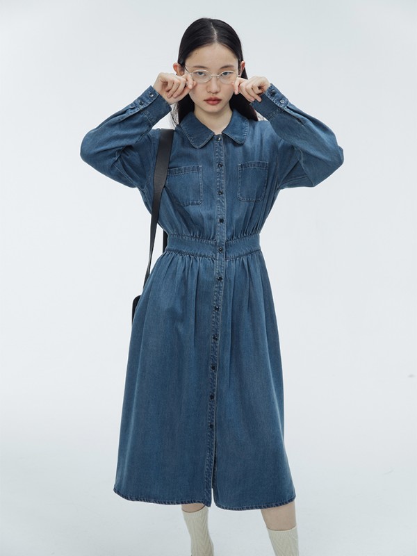 オモントエッグタルトホームデニムウエストワンピース2023年秋新作気質高級長袖シャツスカート