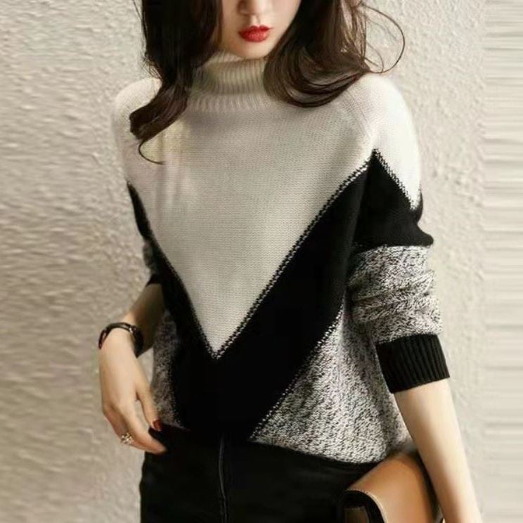 オーバーサイズ V字切り替え 杢調編み地 モノトーン配色 トップス プルオーバー ミディアム丈 長袖