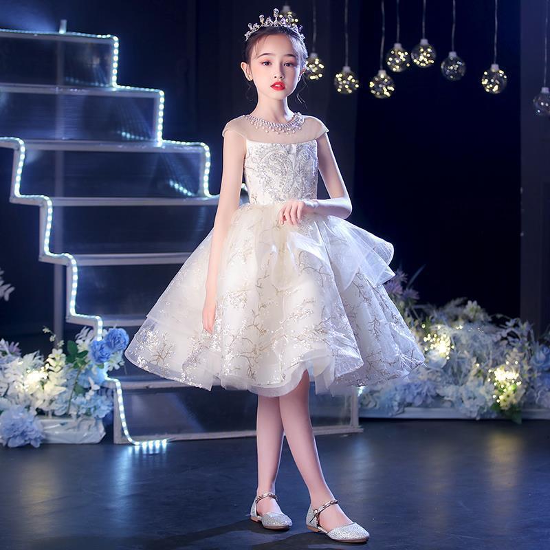 子供ドレス シャンパン色 ショート丈 七五三ドレス 女児ドレス 結婚式 スパンコール ビーズ フリンジ 素敵 キレイめ ピアノ発表会ドレス 演奏会ドレス 女の子 キラキラドレス 可愛い キッズドレス