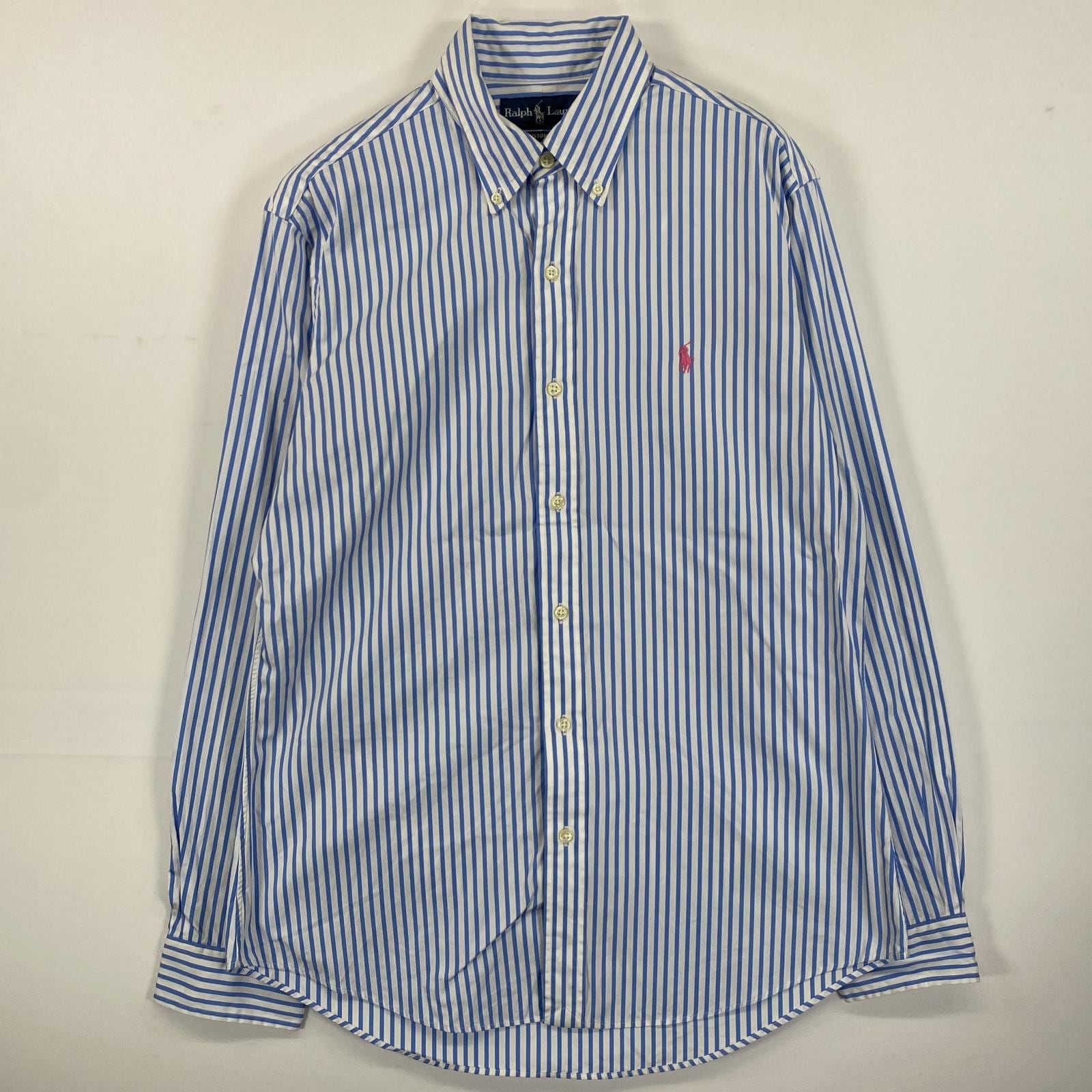 古着 長袖シャツ ボタンダウン ワンポイントロゴ刺繍 M ブルー系 ストライプ メンズ