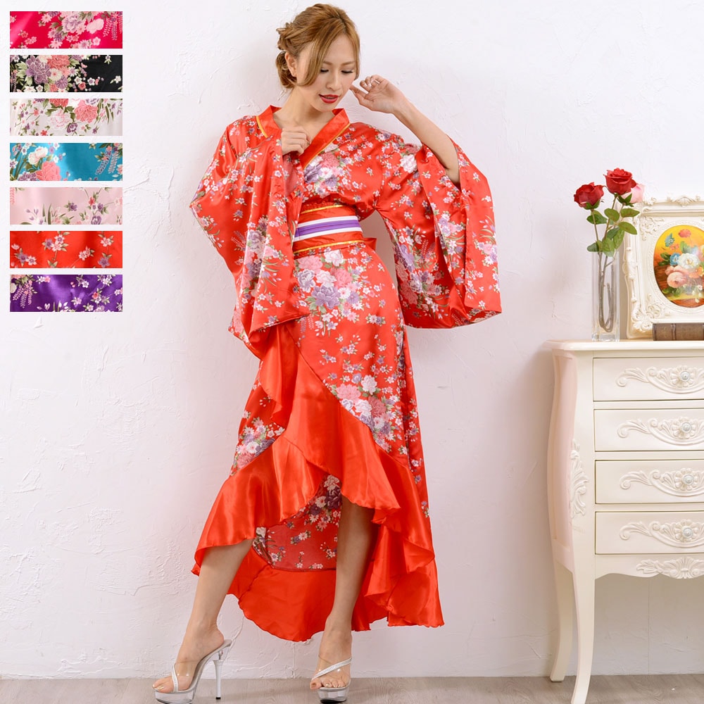 帯付きゴールドパイピングフリル花魁着物ロングドレス 和柄 衣装 コスプレ キャバドレス