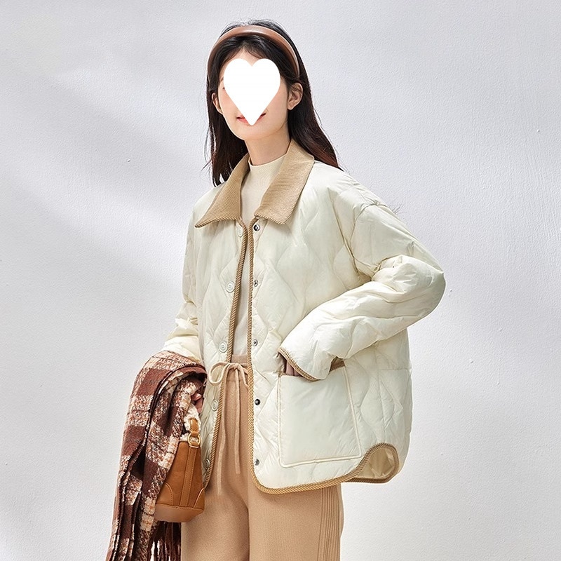 2025 秋と冬の新しいラペルステッチコントラスト菱形シャツ襟カレッジスタイルジャケットライトダウンジャケット女性のショートスタイル