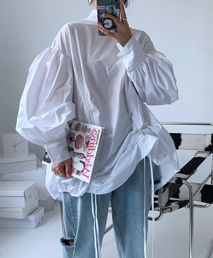 個性的 ミニワンピ チュニック トップス ワンピース シャツ ブラウス カットソー ミニ ミニ丈 ショート ショート丈 膝上 袖あり 長袖 ボリューム袖 バルーンスリーブ 襟付き スタンドカラー