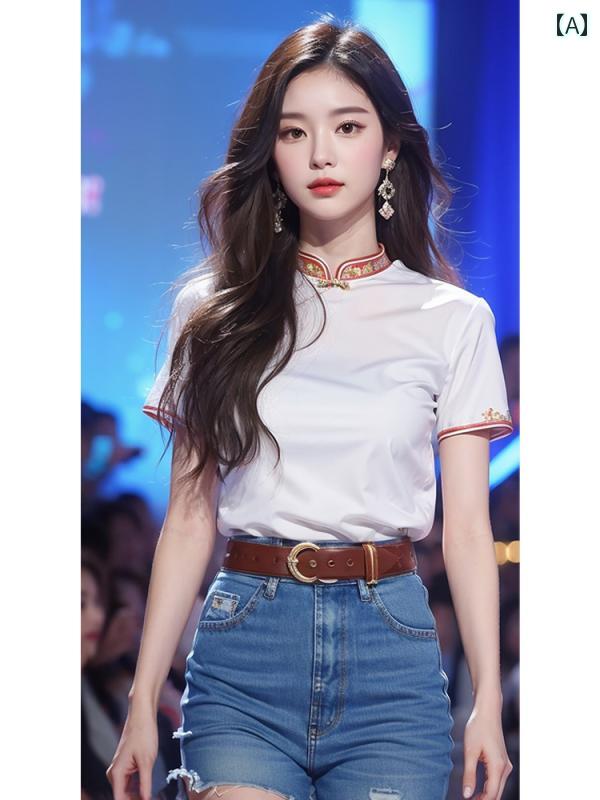 レディース ファッション チャイナ風 白 ボタン ダウン 半袖 シャツ 夏 美しい スタンドカラー トップスス 5,777円