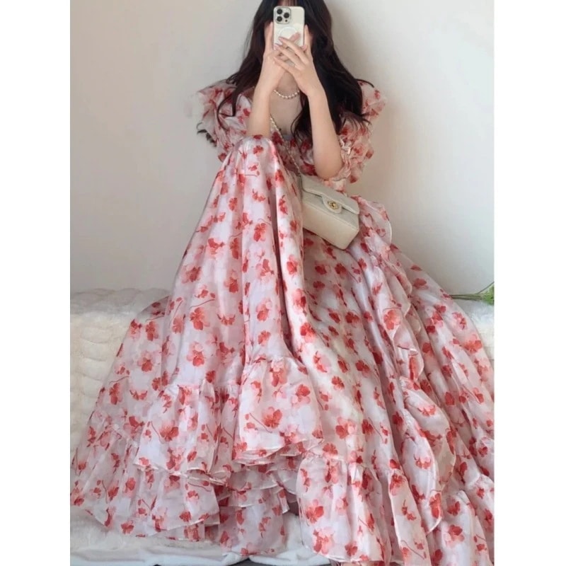半袖ロング・マキシ丈ワンピ 2025夏新作スウィートクラッシュフラワードレス女性ロングドレス