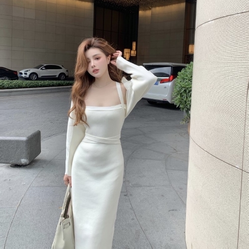 ワンピース スリップ スリップワンピース 膝下 ミモレ ミモレ丈 袖なし 長袖 ボレロ 襟なし ホルターネック サープリスネック ベアバック スリム ウエストマーク 2way 胸元 谷間 ニット 厚手