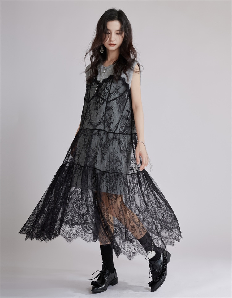 INSスタイル ゆったりウエスト レースネットワンピース ロング丈 シルエット美 疑似ツーピース ベルト付き 2025夏