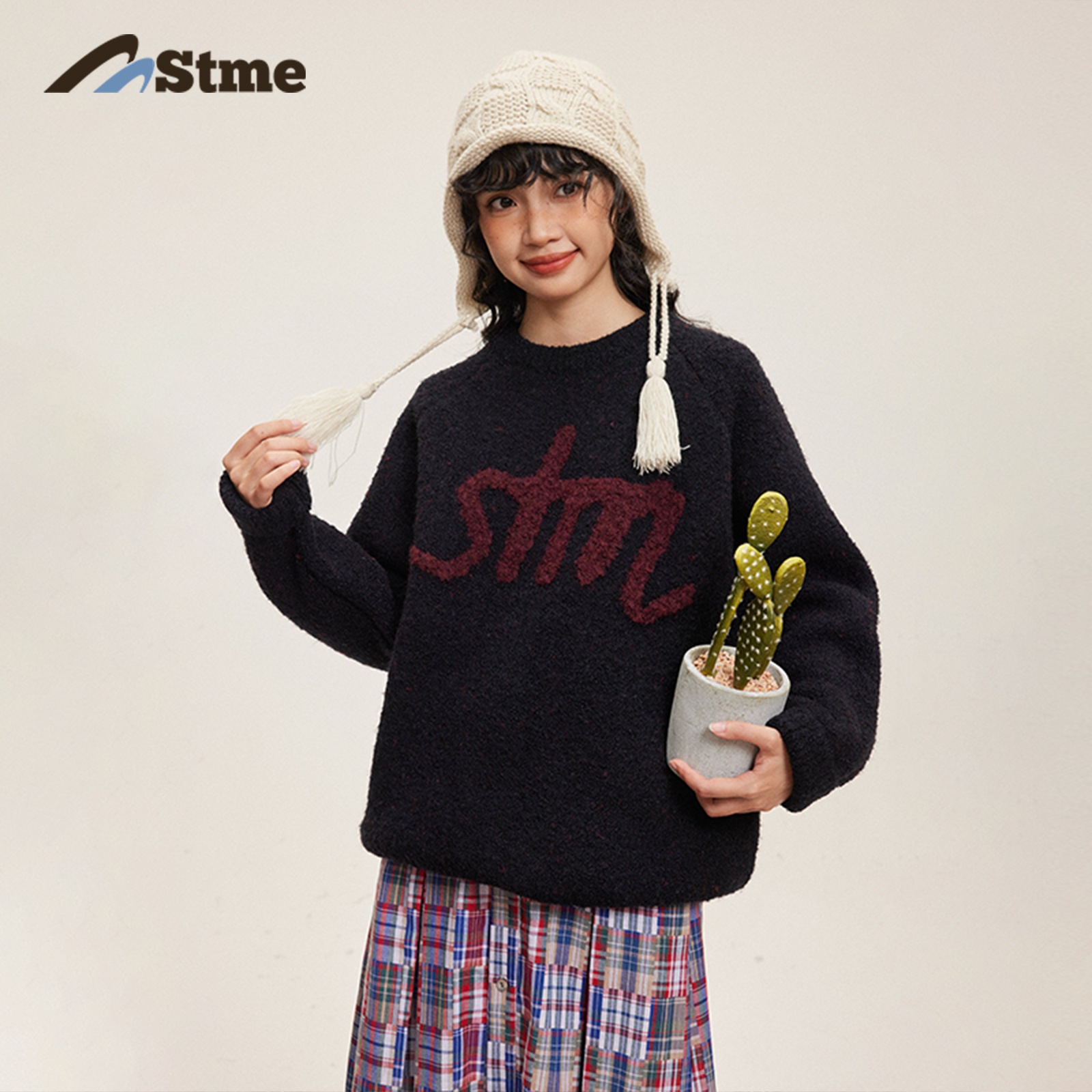 早乙女慶子 Saotome 和風レトロゆる万能柄コントラストカラーサークルヤーンクルーネックセーター