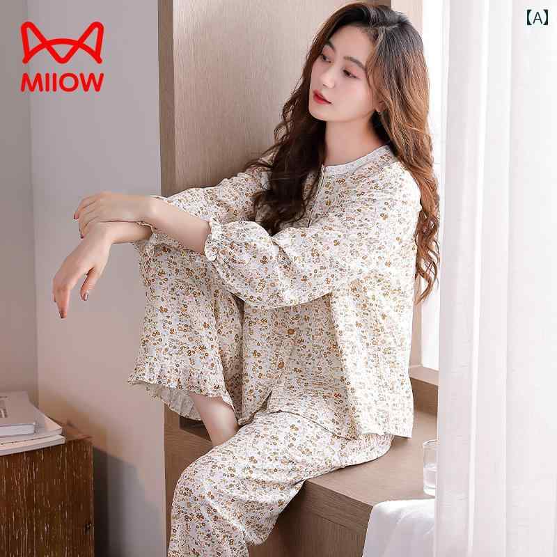 ママ　パジャマ　レディース キャットマン パジャマ レディース 春秋 綿 長袖 中年 ママ 花柄 高級 薄手 ホームウェア セット