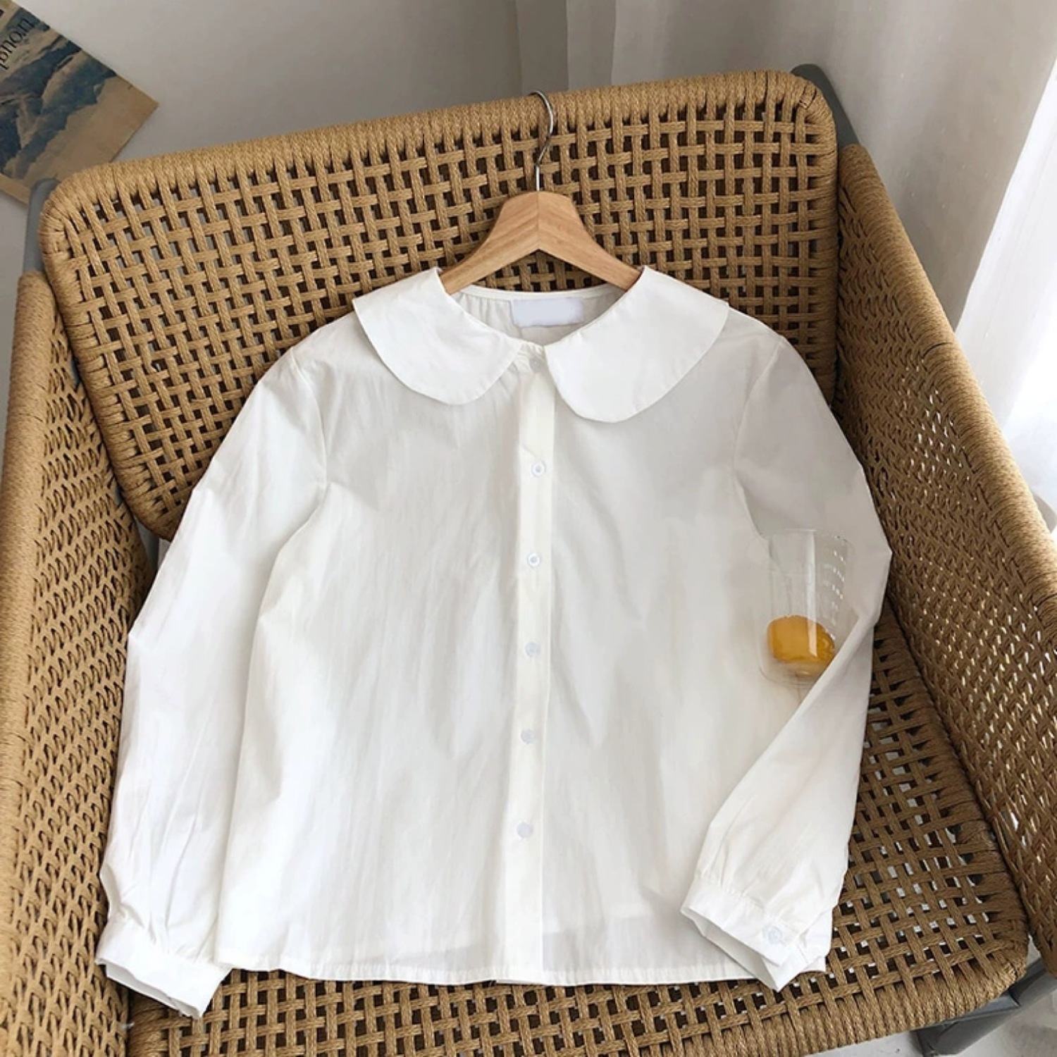 レトロ文芸風長袖シャツ レディース ゆったり 前ボタン ピーターパンカラー1026