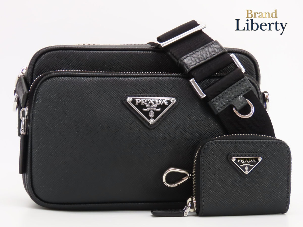 ほぼ新品プラダサフィアーノトライアングル斜め掛けショルダーバッグメッセンジャーバッグポシェットブラック2VH170