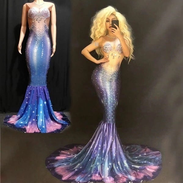 【激安開催！】ラインストーンダンスドレス 歌手ステージダンスラインストーンイブニング末尾ドレス 3d プリントブルーマー メイドテールスカート クリスタルドレス 真珠衣装バーを着た
