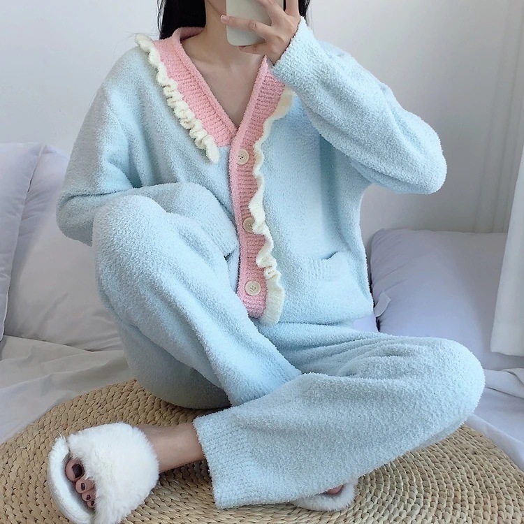 二点セット 小さな新鮮な柔らかいソフトパジャマ女性クラッシュ色木耳エッジカーディガン柔らかい肌に優しいブルーのホームウェアのセット 5,986円