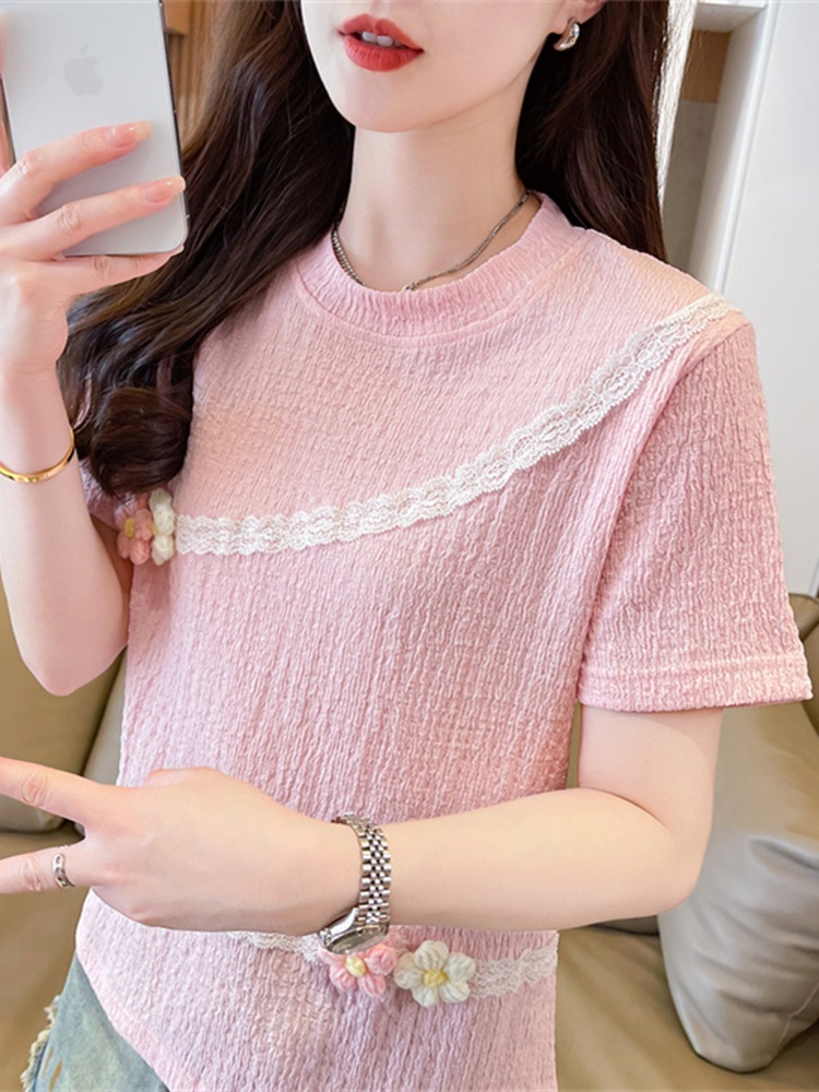 【1点ご購入 で10点プレゼントいたします】レースの花感ショルダー半袖Tシャツ女2025小柄ショート丈トップス